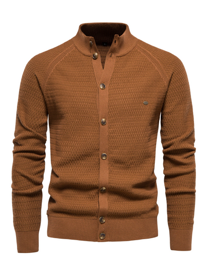 Sweatshirt homme – Coupe slim – Col montant côtelé – Boutonnage frontal – Maille texturée