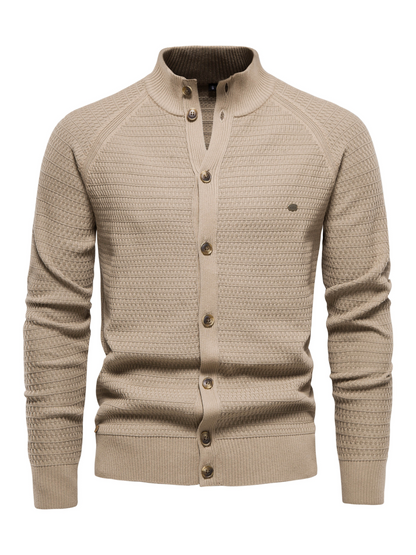 Sweatshirt homme – Coupe slim – Col montant côtelé – Boutonnage frontal – Maille texturée