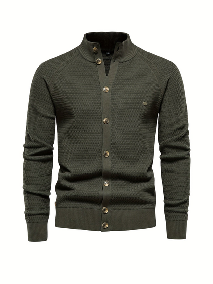 Sweatshirt homme – Coupe slim – Col montant côtelé – Boutonnage frontal – Maille texturée