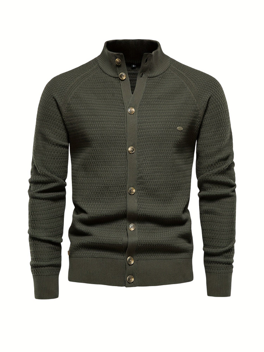 Sweatshirt homme – Coupe slim – Col montant côtelé – Boutonnage frontal – Maille texturée