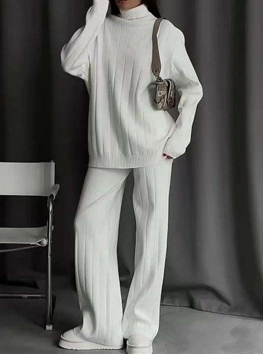 Ensemble Pantalon Femme – Maille Côtelée – Coupe Droite – Col Montant – Tissu Stretch