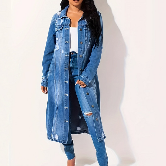 Femme Veste En Denim Longue - Tissu Tissé - Coupe Décontractée - Col Classique