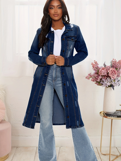 Femme Veste En Denim Longue - Tissu Tissé - Coupe Décontractée - Col Classique