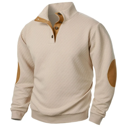 Sweatshirt homme – Coupe décontractée – Col montant boutonné – Coudières contrastées