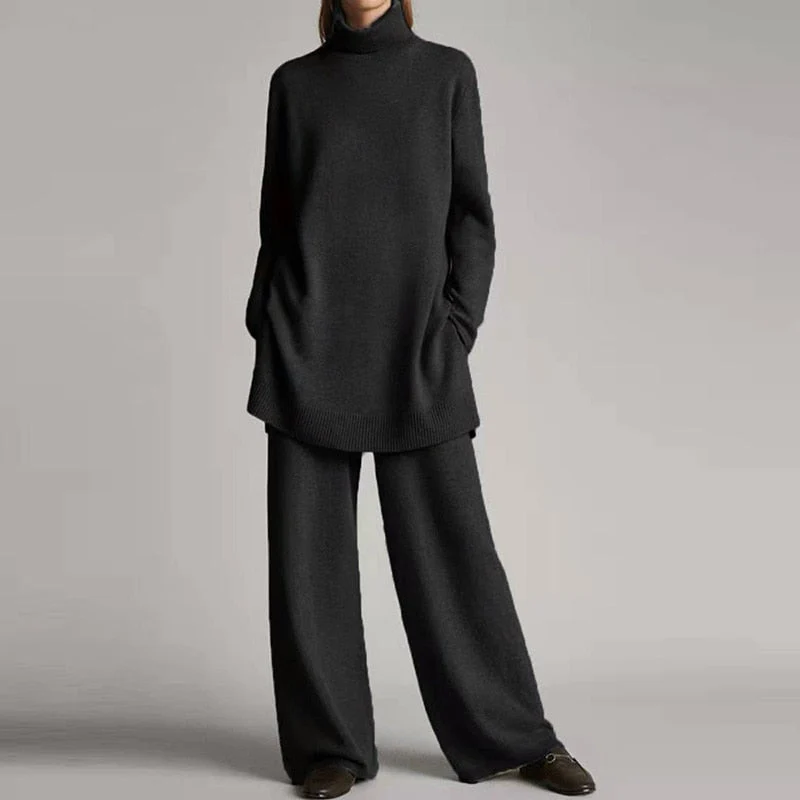 Ensemble loungewear femme – Maille douce – Haut oversize col roulé – Pantalon large