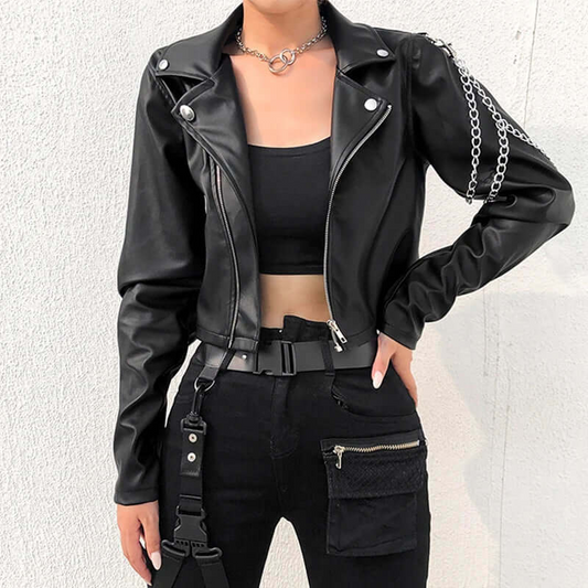 Blouson biker femme – Coupe slim – Imitation cuir – Détails chaîne – Zip asymétrique