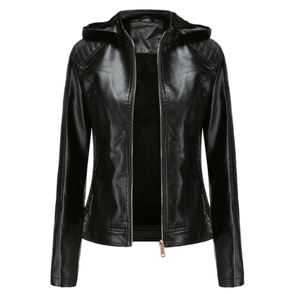 Veste femme – Similicuir – Coupe ajustée – Capuche amovible – Doublure chaude