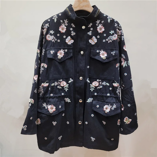 Manteau trench femme – Broderie florale – Coupe décontractée – Col montant – Cordon taille