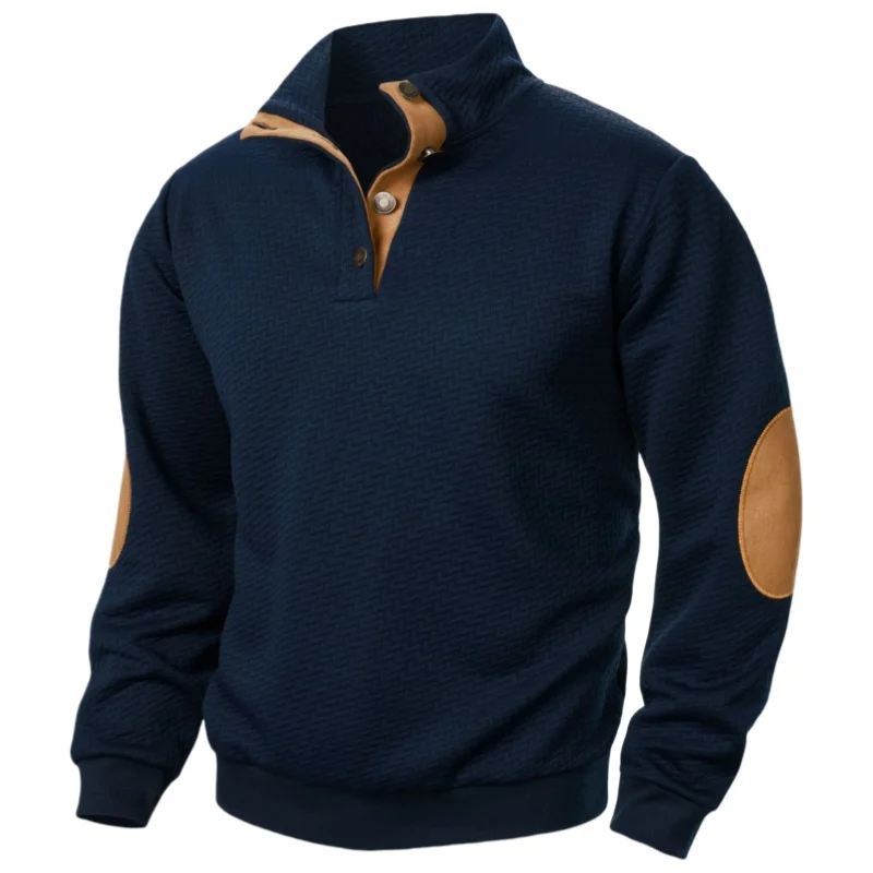 Sweatshirt homme – Coupe décontractée – Col montant boutonné – Coudières contrastées