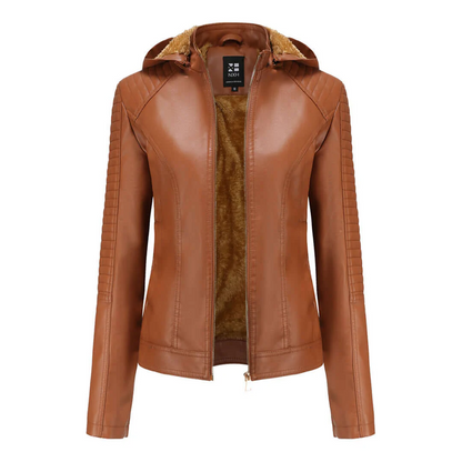 Veste femme – Similicuir – Coupe ajustée – Capuche amovible – Doublure chaude