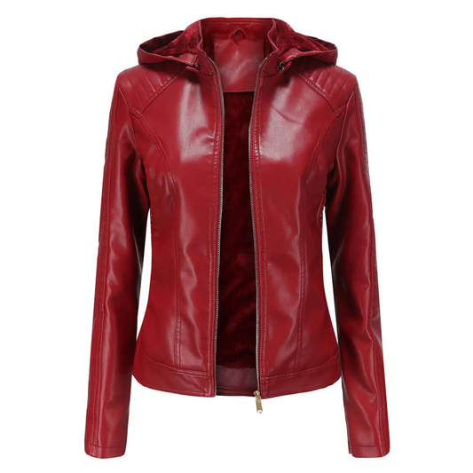 Veste femme – Similicuir – Coupe ajustée – Capuche amovible – Doublure chaude