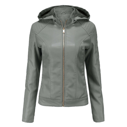 Veste femme – Similicuir – Coupe ajustée – Capuche amovible – Doublure chaude