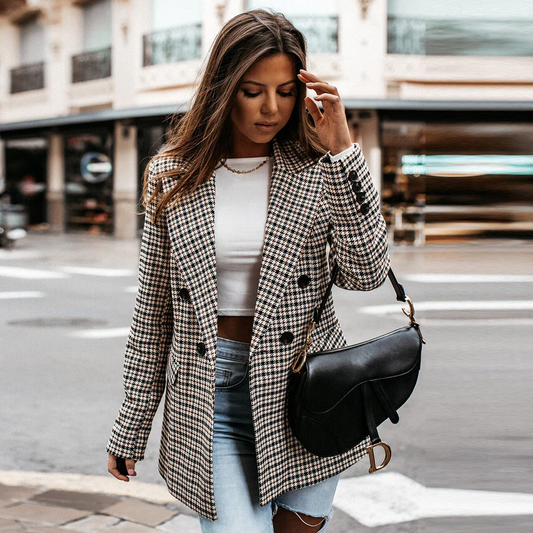 Blazer femme – Coupe cintrée – Laine – Double boutonnage – Motif à carreaux