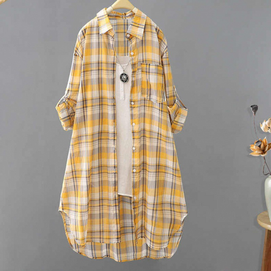 Robe midi femme – Coupe ample – Coton léger – Carreaux – Boutonnée devant