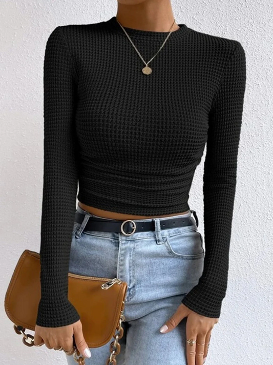 Sweatshirt femme – Coupe slim – Maille gaufrée – Court – Manches longues – Col montant