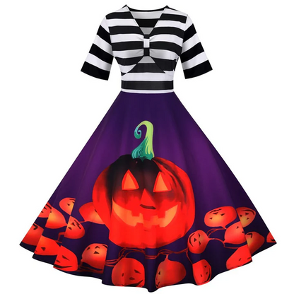 Robe midi femme – Coupe évasée fluide – Décolleté ajouré – Haut à rayures – Jupe imprimée