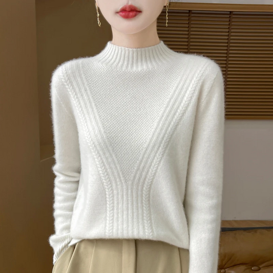 Pull femme – Laine – Coupe décontractée – Col montant – Maille côtelée