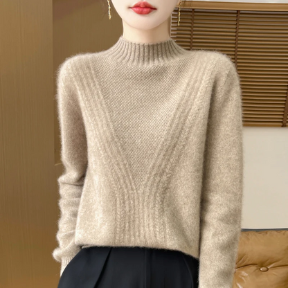 Pull femme – Laine – Coupe décontractée – Col montant – Maille côtelée