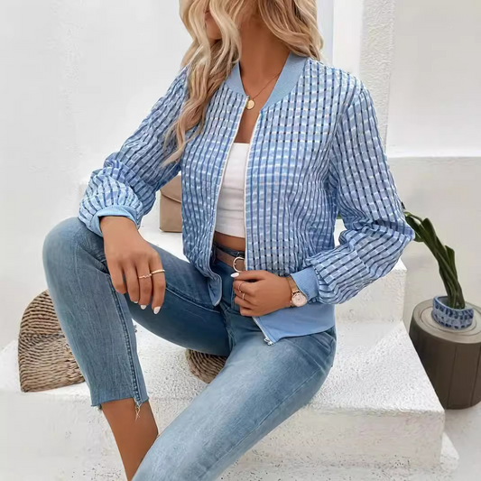 Femme Blouson Bomber - Tissu Tissé Léger - Col Côtelé - Manches Longues Amples