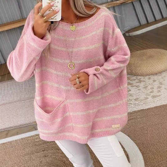 Femme Pull Maille - Coupe Oversize - Col Bateau - Motif Rayé