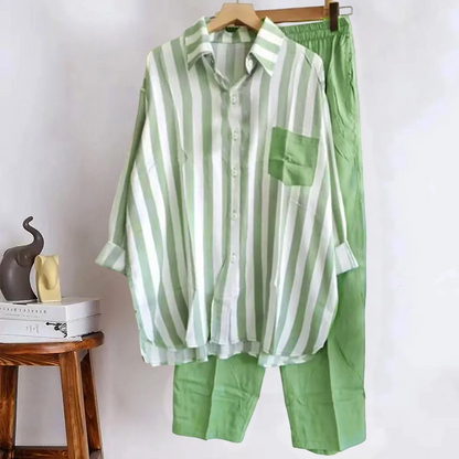 Ensemble Femme – Linnen – Chemise Oversize Boutonnée + Pantalon Large Taille Élastique