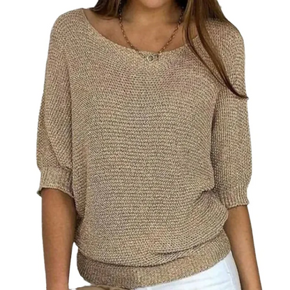 Top Femme – Coupe Décontractée – Tricot Texturé – Manches Bouffantes – Finitions Côtelées
