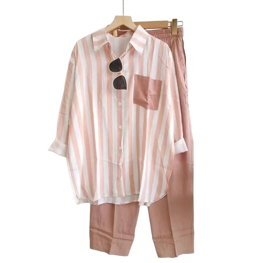 Ensemble Femme – Linnen – Chemise Oversize Boutonnée + Pantalon Large Taille Élastique