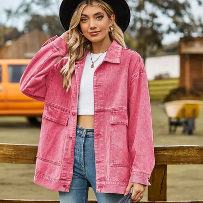 Veste en jean femme – Coupe oversize – Boutonnage devant – Poches poitrine – Longueur hanches