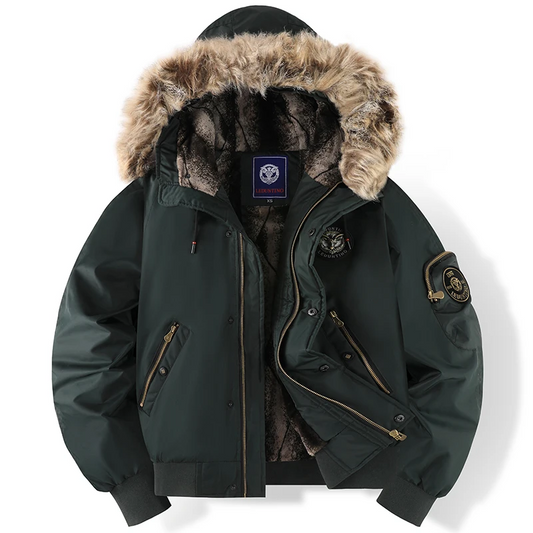Blouson bomber homme – Capuche amovible imitation fourrure – Doublure matelassée – Coupe casual