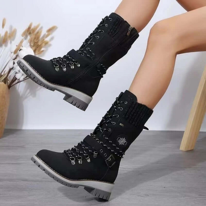 Bottines femme – Tige mi-mollet structurée – Zip latéral – Poignets en maille – Semelle crantée
