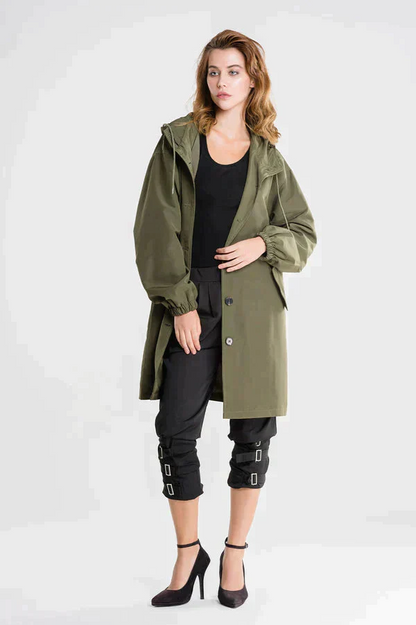 Veste imperméable femme – Coupe droite – Longueur genou – Capuche ajustable