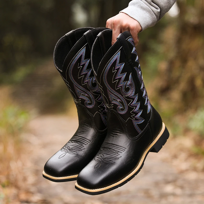 Bottes cowboy homme – cuir – bout large – tige haute brodée – style western