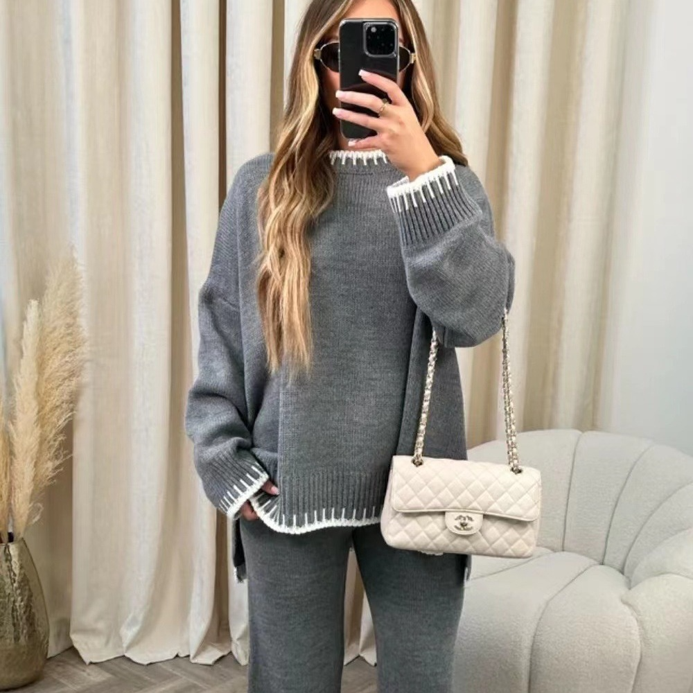 Ensemble Loungewear Femme – Maille Douce – Coupe Ample – Pantalon Large Long
