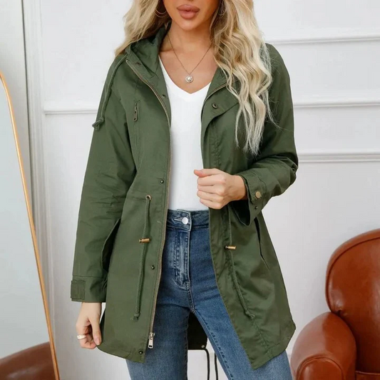 Veste coupe-vent femme – Coupe cintrée – Taille ajustable – Capuche – Longueur mi-cuisse
