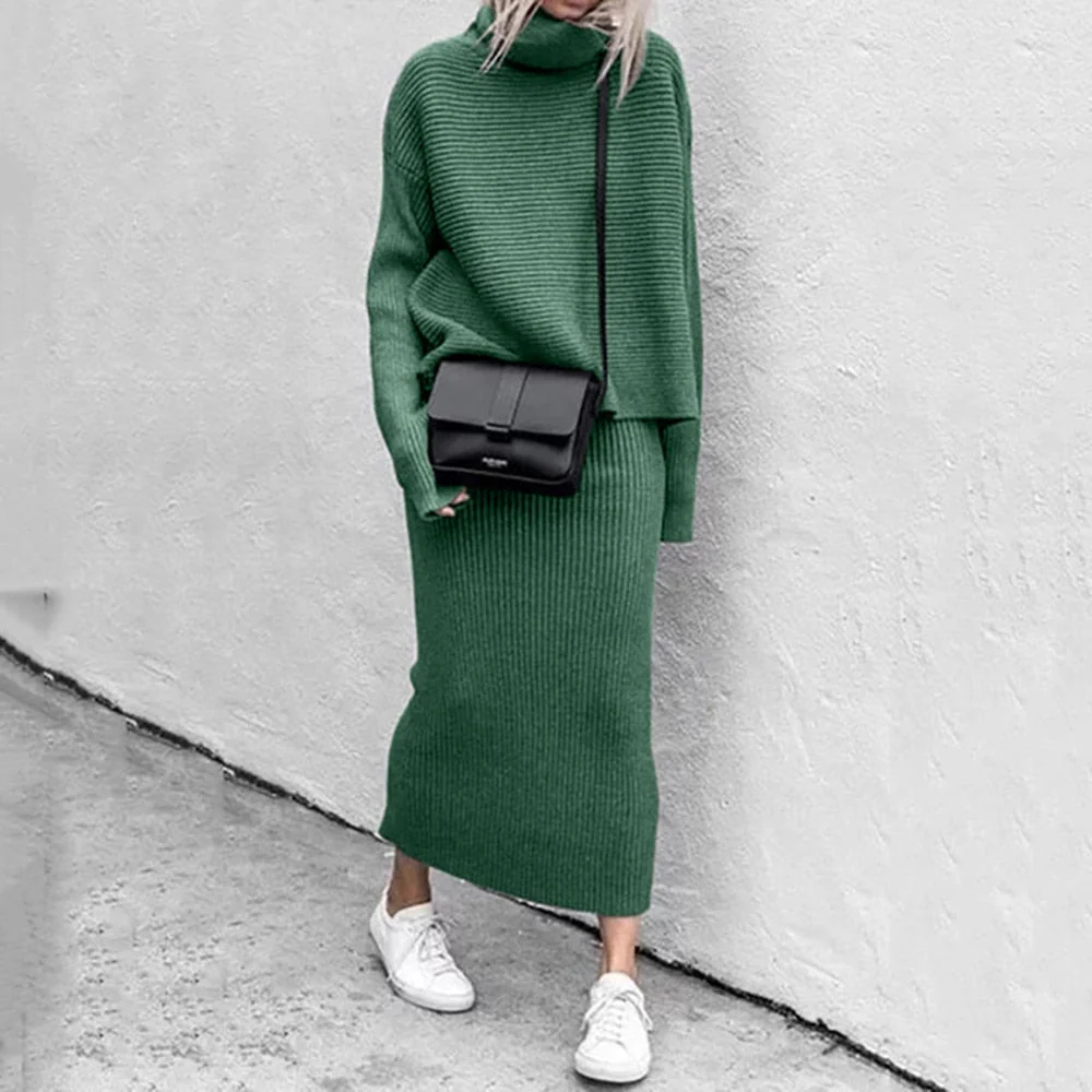 Ensemble femme jupe et pull – Maille côtelée – Col roulé – Coupe droite midi