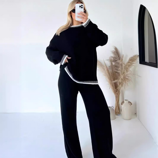 Ensemble Loungewear Femme – Maille Douce – Coupe Ample – Pantalon Large Long
