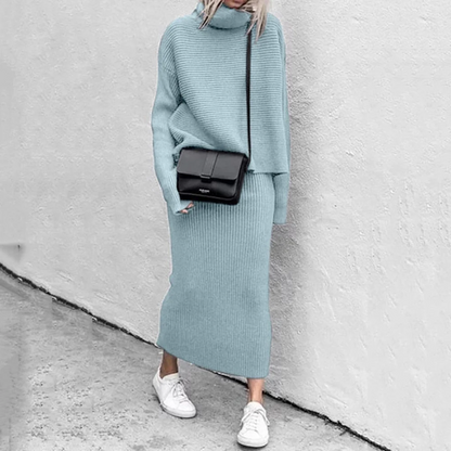 Ensemble femme jupe et pull – Maille côtelée – Col roulé – Coupe droite midi