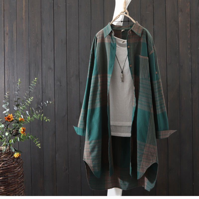 Chemise femme – Coupe oversize – Coton léger – À carreaux boutonnée casual