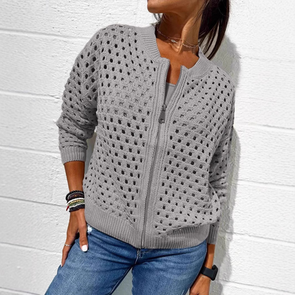 Veste femme en maille – Coupe décontractée – Maille ajourée – Fermeture zippée