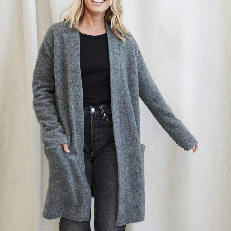 Gilet femme – Coupe décontractée – Laine douce – Longue – Manches longues – Avec poches