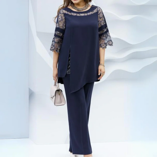 Ensemble Femme Deux Pièces – Tunique Ample Dentelle – Pantalon Long Droit