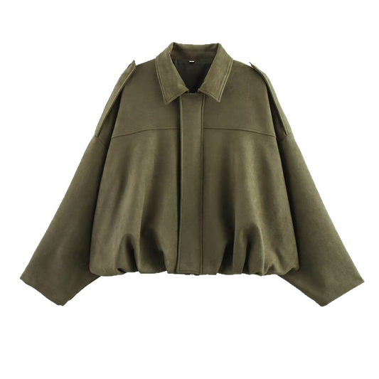 Veste bomber femme – Coupe oversize – Tissu effet suédé doux – Col à revers