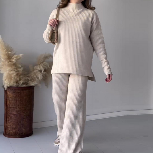 Ensemble Femme Pull et Pantalon Large – Maille Côtelée – Coupe Ample – Col Rond Manche Longue