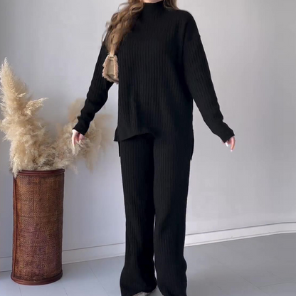 Ensemble Femme Pull et Pantalon Large – Maille Côtelée – Coupe Ample – Col Rond Manche Longue