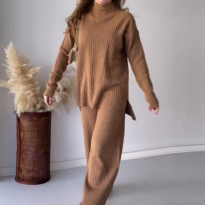 Ensemble Femme Pull et Pantalon Large – Maille Côtelée – Coupe Ample – Col Rond Manche Longue