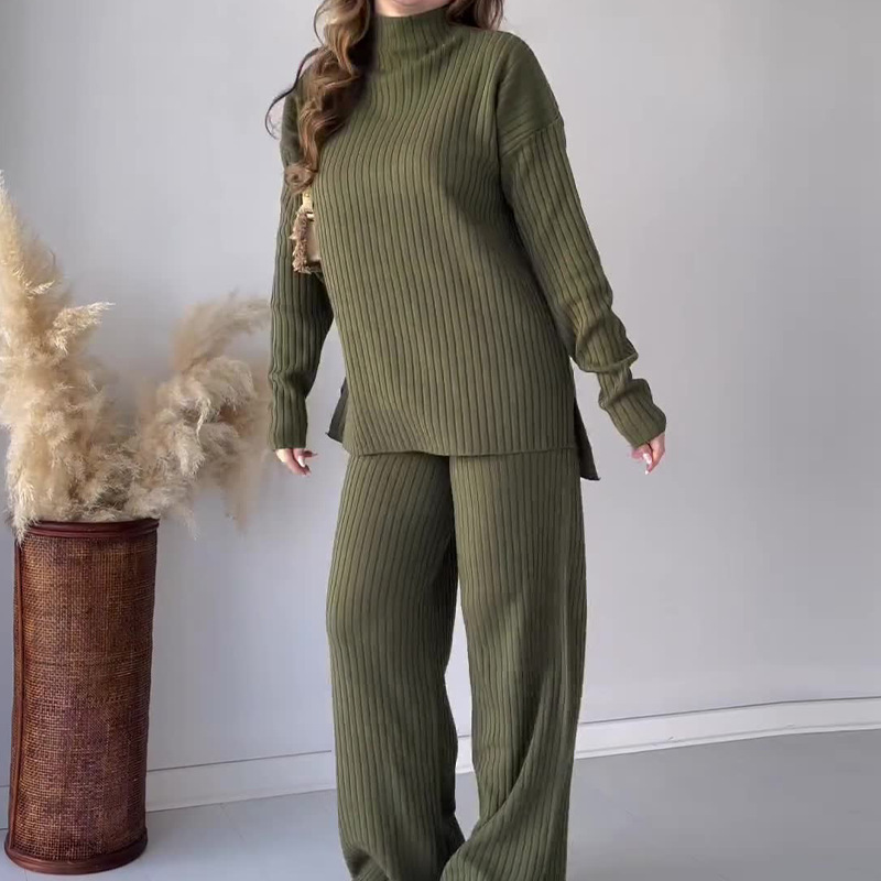 Ensemble Femme Pull et Pantalon Large – Maille Côtelée – Coupe Ample – Col Rond Manche Longue