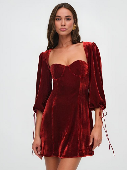 Robe mini femme – Velours coupe slim – Manches bouffantes – Décolleté cœur – Soirée