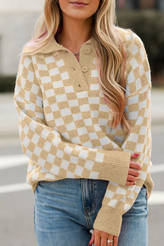 Pull Femme Col V – Coupe Décontractée – Maille Laine – Motif Carreaux – Boutons