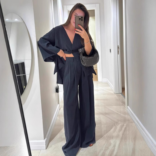 Ensemble Femme Deux Pièces – Haut Col V Ample – Pantalon Taille Haute Jambe Large