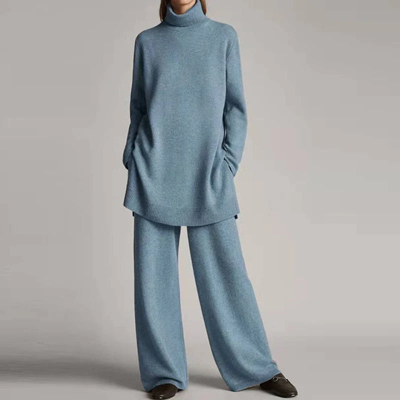 Ensemble loungewear femme – Maille douce – Haut oversize col roulé – Pantalon large